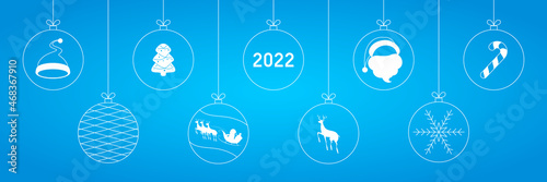 Set of hanging christmas baubles on blue background. Vector illustration.