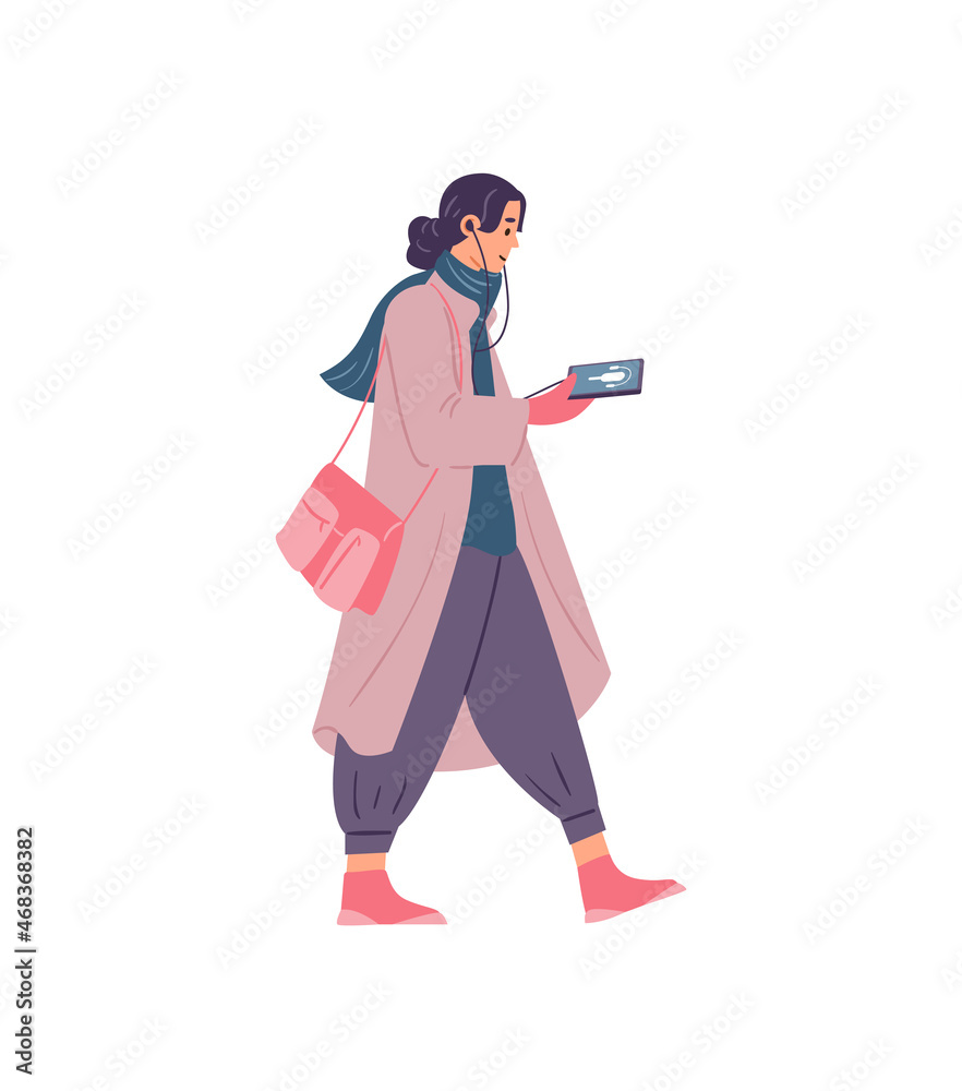 Woman walking listening to podcast show in her smartphone. Flat vector illustration. Isolated on white.