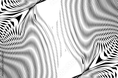 Psychedelic abstract background from distorted lines and wavy warped stripes. Monochrome vector pattern with optical, illusion for web banner, business card, poster, wall panel, home decor.