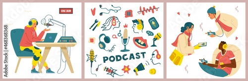 Podcast set of flat vector cards with woman recording podcast show, people in headphones listening to audio, bundle of elements.