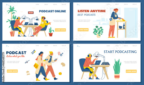 Podcast set of landing page templates.  People recording podcast show and listening to audio in headphones.