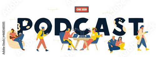Podcast horizontal vector banner with people recording and listening audio.