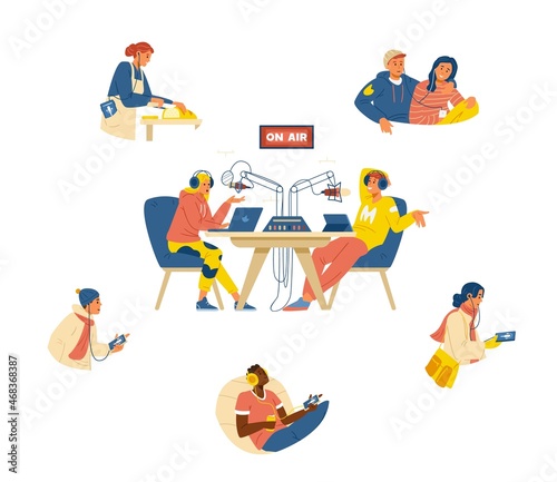 Podcast show concept flat vector poster. Young couple streaming podcast in studio, different people in headphones listening to it.