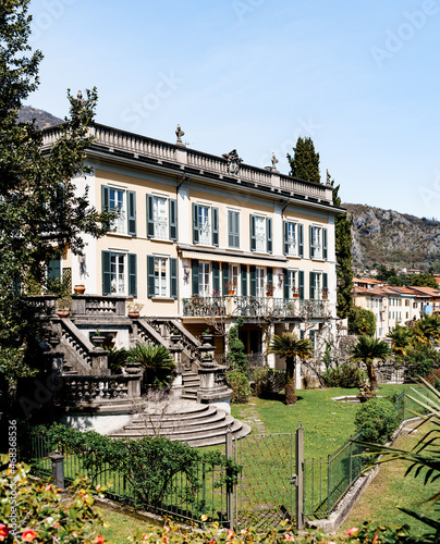 Luxurious old mansion with stone stairs and a beautiful garden. Como, Italy