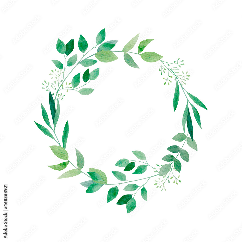 Watercolor isolated botanical wreath with greenery. Hand drawn round frame with green branches on white background for prints, textile, logo and wedding decoration.