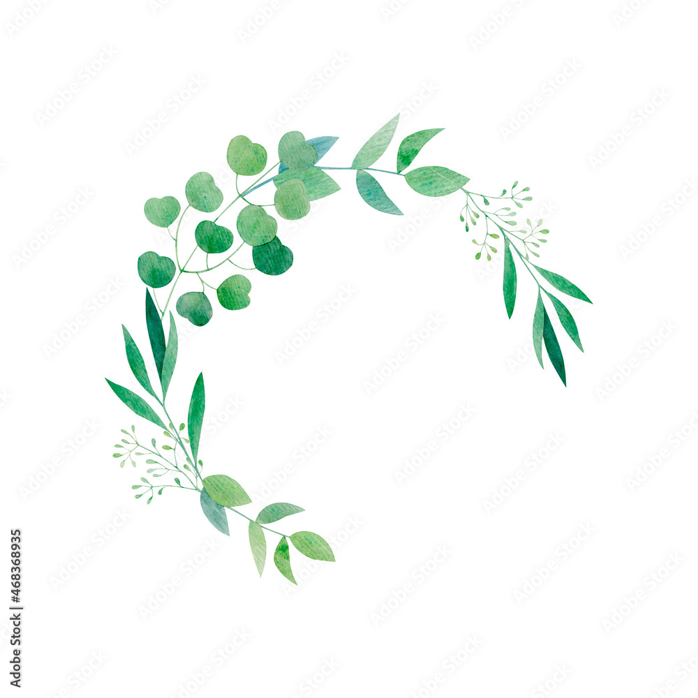 Watercolor isolated botanical wreath with greenery: eucalyptus, weeping willow. Hand drawn round frame with green herbs on white background for prints, textile, logo and wedding decoration.