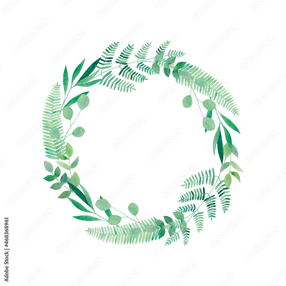 Watercolor isolated botanical wreath with eucalyptus, fern and willow. Hand drawn green round frame with greenery on white background for prints, textile, logo and wedding decoration.