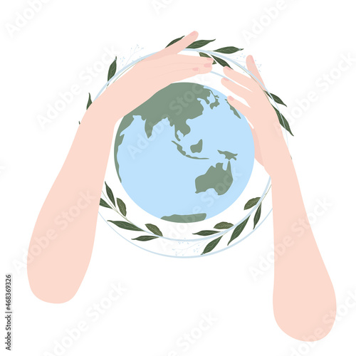 Ozone layer depletion Vector stock illustration. The green planet is in your hands. Concept of environmental protection.  photo