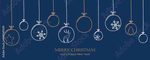 christmas card with tree balls decoration on blue background
