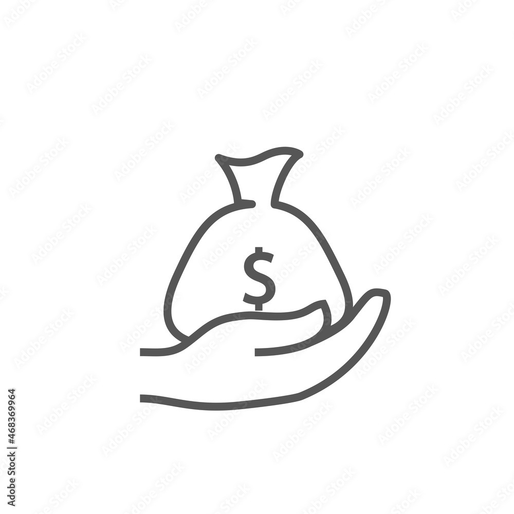 Hand holding dollar bag icon isolated on white background. Trendy hand holding dollar bag icon in flat style. Template for app, ui and logo, vector illustration, eps 10