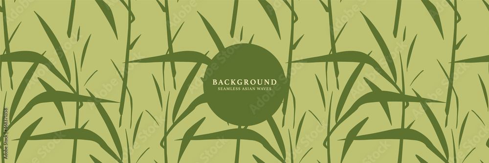 Japanese repeat natural pattern texture background with bamboo leaves. Seamless abstract hand drawn background in asian oriental style. Geometric green vector pattern background floral leaves print. - obrazy, fototapety, plakaty 