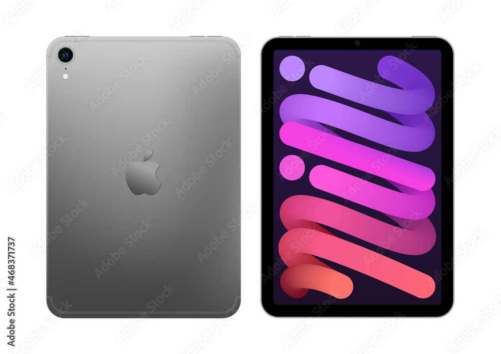 Tablet PC Apple iPad Mini 6 in front and back sides, in official grey  color, on white background. Realistic vector illustration vector de Stock |  Adobe Stock