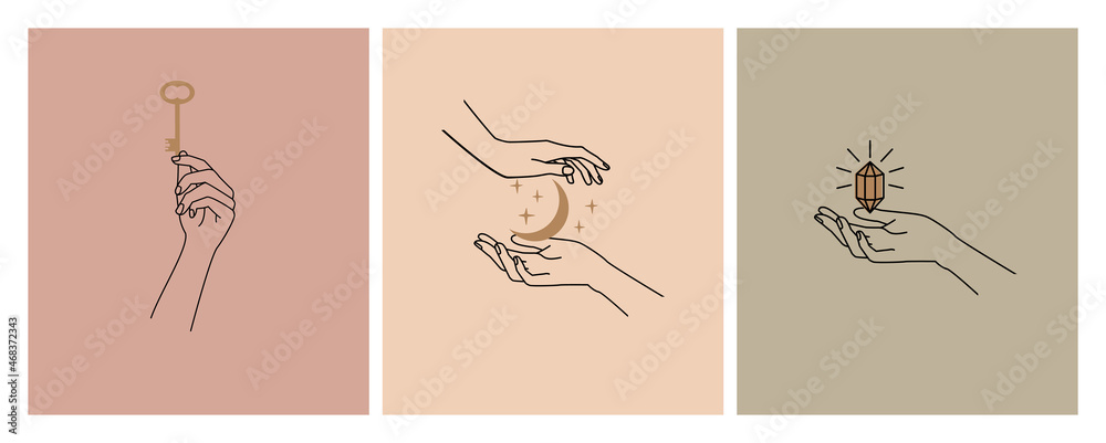 Hand drawn vector mystical and astrology signs. Liner templates logos or emblems hands in different gestures