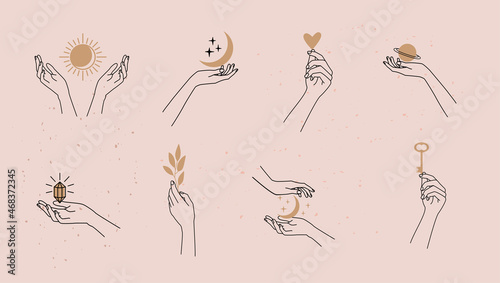 Hand drawn vector mystical and astrology signs. Liner templates logos or emblems hands in different gestures