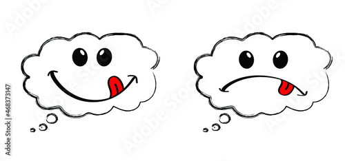 Cartoon, comic speed bubble, speech bubble yummy smile or no yummy with tongue lick. Not happy smiling. Foot not good, ba, dirty. Comic vector delicious, tasty eating.