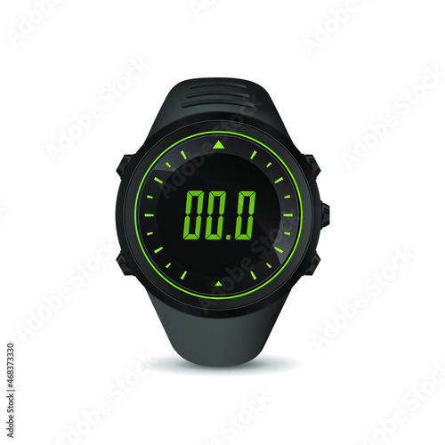 Digital Watch. Vector illustration of a clock on a white background. Sports accessory. A realistic image of a wristwatch in a sporty style.