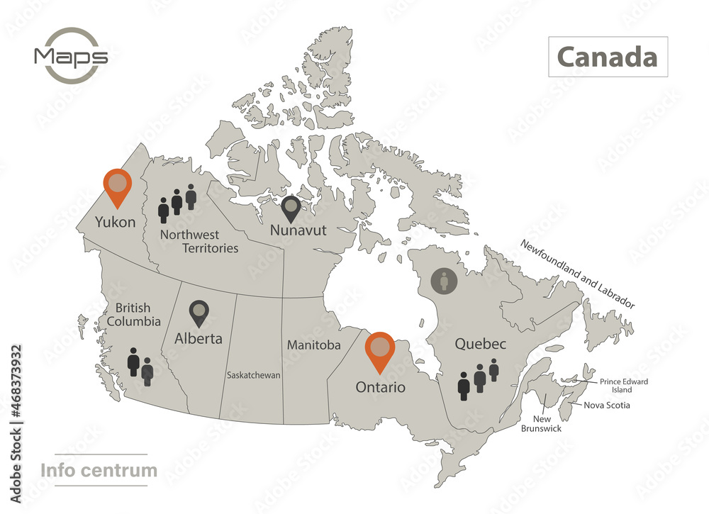 Canada map, individual regions with names, Infographics and icons vector