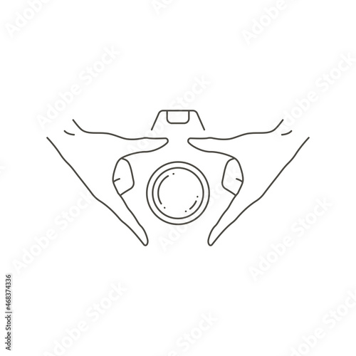 Linear logo human hands performing shape of modern photo video camera with lens vector illustration