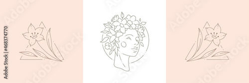 Linear simple logo woman portrait with floral botanical wreath rhombus frame tropical leaves branch