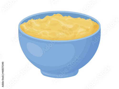 Ghee in blue bowl with spoon. Asia traditional butter in cartoon style. Food ingredient for cooking.