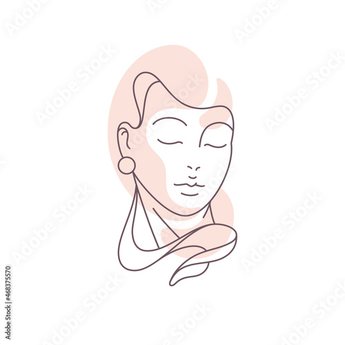 Beautiful woman face closed eyes wearing fashion earrings continuous line pastel spot icon vector