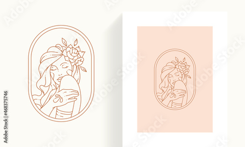 Elegant romantic lady with rose flower hair stroking naked shoulder minimalist simple icon postcard