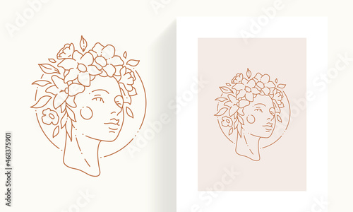 Hand drawn woman head covered by blossom flower in circle frame line art deco simple logo postcard