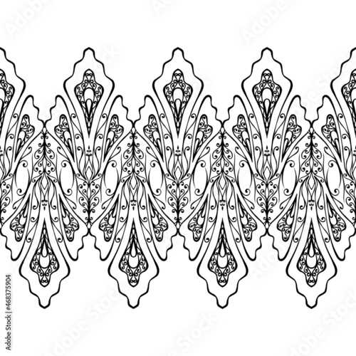 Black and white abstract seamless border with free hand. Design of ribbons and edges.