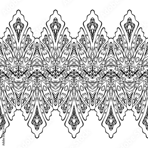 Black and white abstract seamless border with free hand. Design of ribbons and edges.