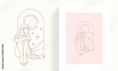 Pleasant esoteric woman in antique dress hugging legs admiring stars abstract frame mlinimalist icon