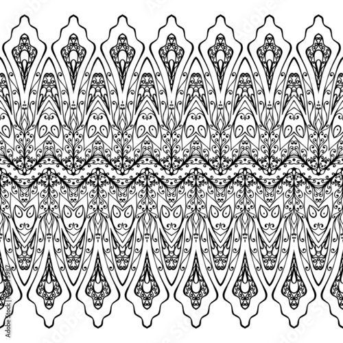 Black and white abstract seamless border with free hand. Design of ribbons and edges.