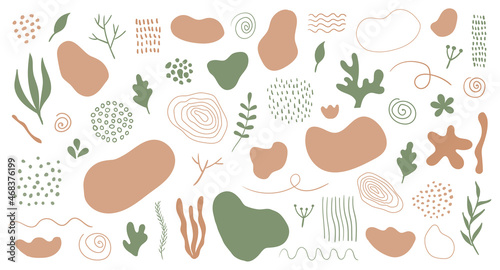 Organic shapes, spots, plants, lines. Vector set of trendy abstract hand drawn earth tone elements for graphic design photo