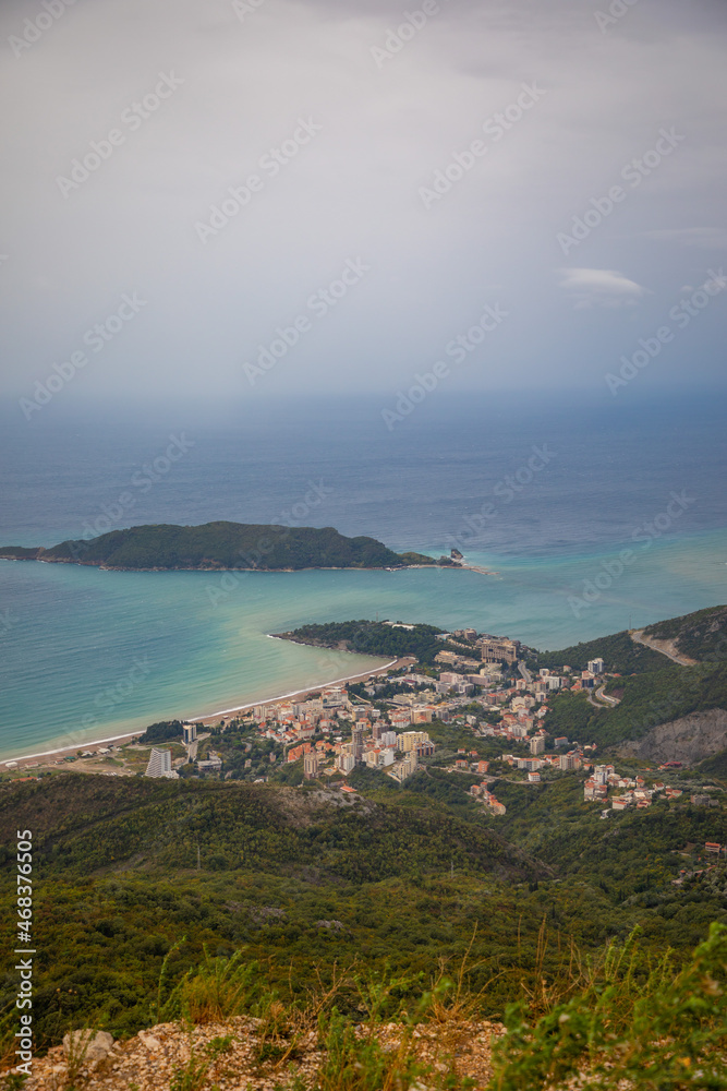 Summer Budva riviera coastline panorama landscape in Montenegro. View from the top of the mountain road.