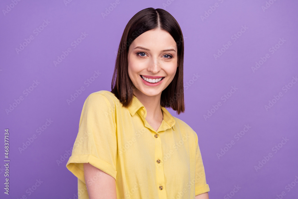 Photo of young attractive lovely woman good mood toothy smile clinic dentistry isolated over violet color background Photo of young attractive lovely woman good mood toothy smile clinic dentistry isolated over violet color background