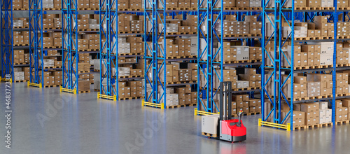 Warehouse Scene with High Shelves and Reach Fork Track. Logistics Concept. 3D illustration	
