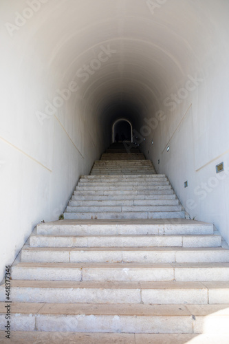 Stairs in main tunnel to mausoleum of Petar II Petrovic Njegos on the top of mount Lovchen in Montenegro
