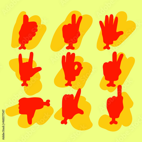 Orange hand gestures signs vector illustration on the yellow background. High five, looser, attention, cool, rock and roll, ok, peace funky signs. Cartoon funny and scary set of hands with bones. 