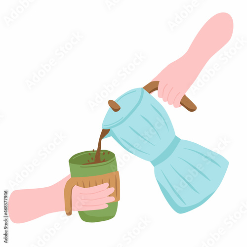 Hands pouring coffee from a geyser coffee maker into a reusable eco-friendly glass. Concept of conscious consumption. Illustration in flat style, isolated on white background.