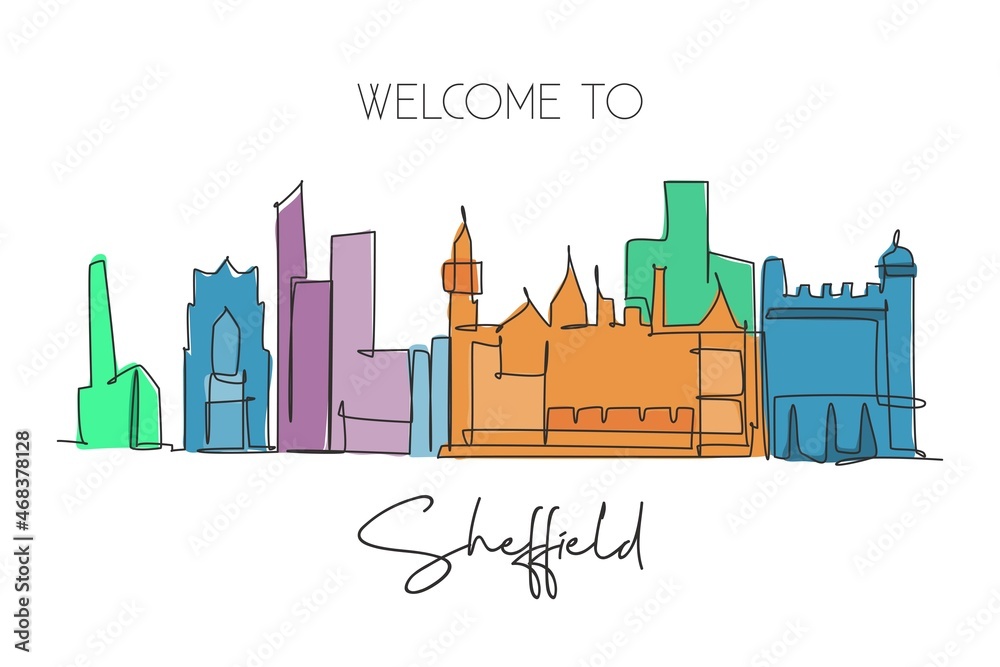 Single continuous line drawing Sheffield city skyline. Famous city skyscraper landscape in world. World travel campaign wall decor poster print concept. Modern one line draw design vector illustration