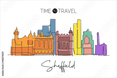 One continuous line drawing of Sheffield city skyline. Beautiful city skyscraper. World landscape tourism travel vacation wall decor poster concept. Trendy single line draw design vector illustration