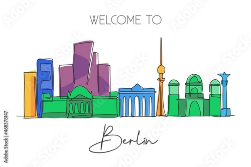 One continuous line drawing Berlin city skyline. Beautiful city skyscraper landscape. World home decor wall art poster art tourism travel vacation concept. Single line draw design vector illustration