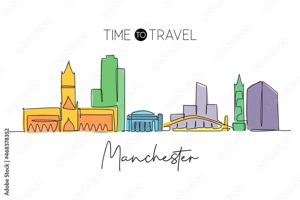 Obraz premium One single line drawing of Manchester city skyline. City skyscraper landscape in world. Best destination holiday wall decor poster art vacation concept. Continuous line draw design vector illustration