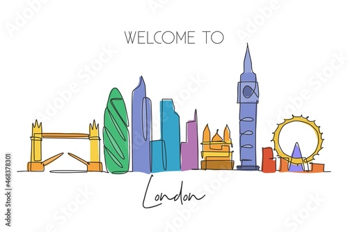 Single continuous line drawing of London city skyline. Famous city skyscraper landscape in world. World travel campaign home wall decor poster concept. Modern one line draw design vector illustration