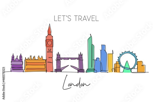 One continuous line drawing of London city skyline. Beautiful city skyscraper. World landscape tourism travel vacation home wall decor poster print concept. Single line draw design vector illustration