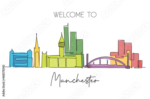 Single continuous line drawing of Manchester city skyline. Famous city skyscraper landscape in world. World travel home wall decor poster print concept. Modern one line draw design vector illustration
