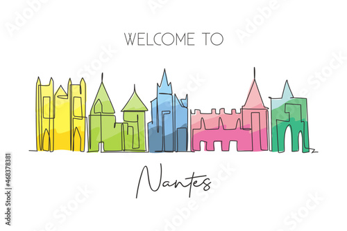 One continuous line drawing of Nantes city skyline, France. Beautiful city skyscraper. World landscape tourism travel wall decor poster art concept. Stylish single line draw design vector illustration