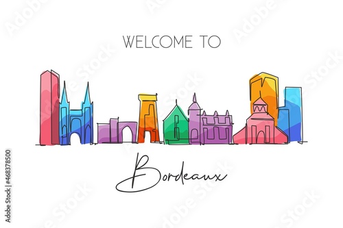 One single line drawing of Bordeaux city skyline, France. Historical skyscraper landscape in world. Best holiday home wall decor poster art destination. Continuous line draw design vector illustration
