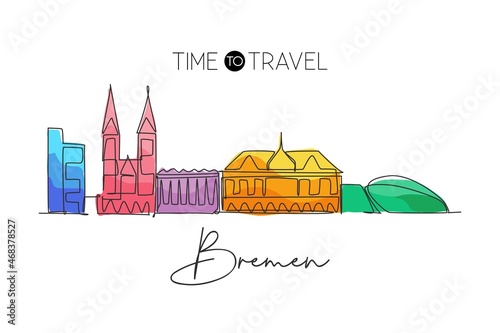 One single line drawing Bremen city skyline, Germany. Historical skyscraper landscape in world. Best holiday home wall decor destination poster. Trendy continuous line draw design vector illustration