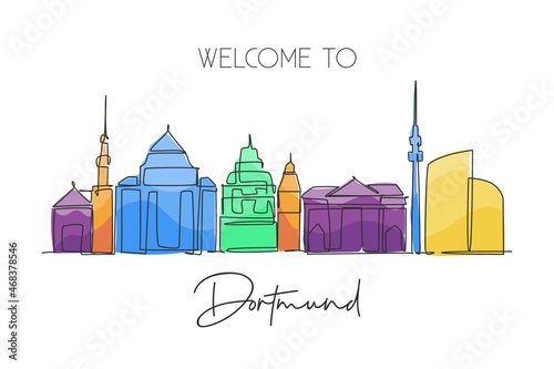 One continuous line drawing Dortmund skyline, Germany. Beautiful city skyscraper. World landscape tourism travel vacation wall decor poster concept. Stylish single line draw design vector illustration