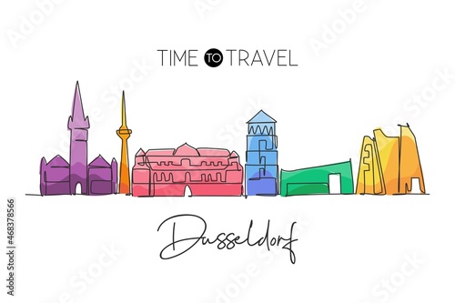 One continuous line drawing of Dusseldorf city skyline, Germany. Beautiful skyscraper. World landscape tourism travel vacation wall decor poster. Stylish single line draw design vector illustration